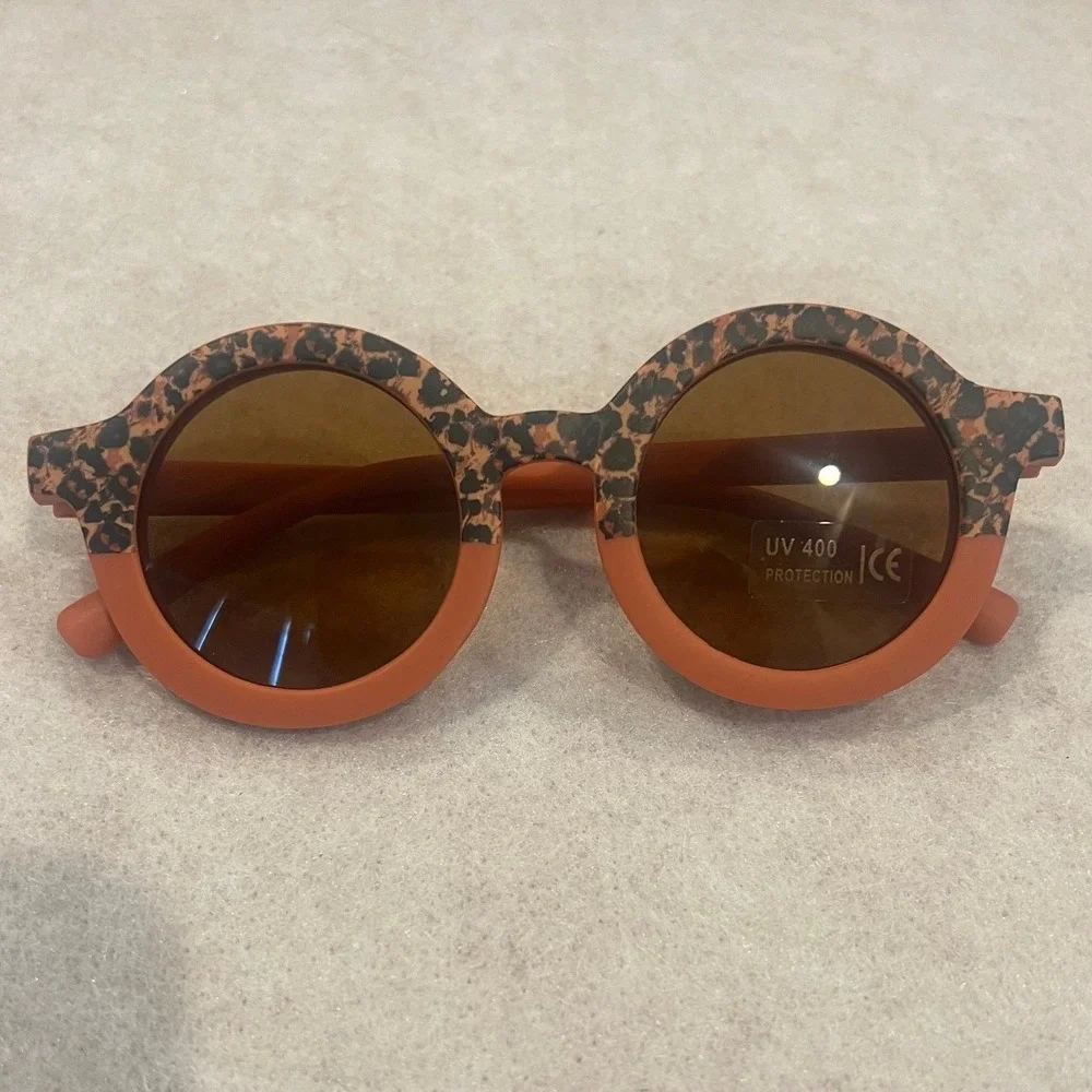 Kids Round Leopard Print Sunglasses UV400 Protection Terracotta Orange Frames